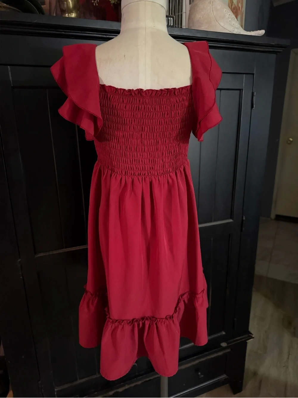 Girls Red Ruffle Sleeve Smocked Dress